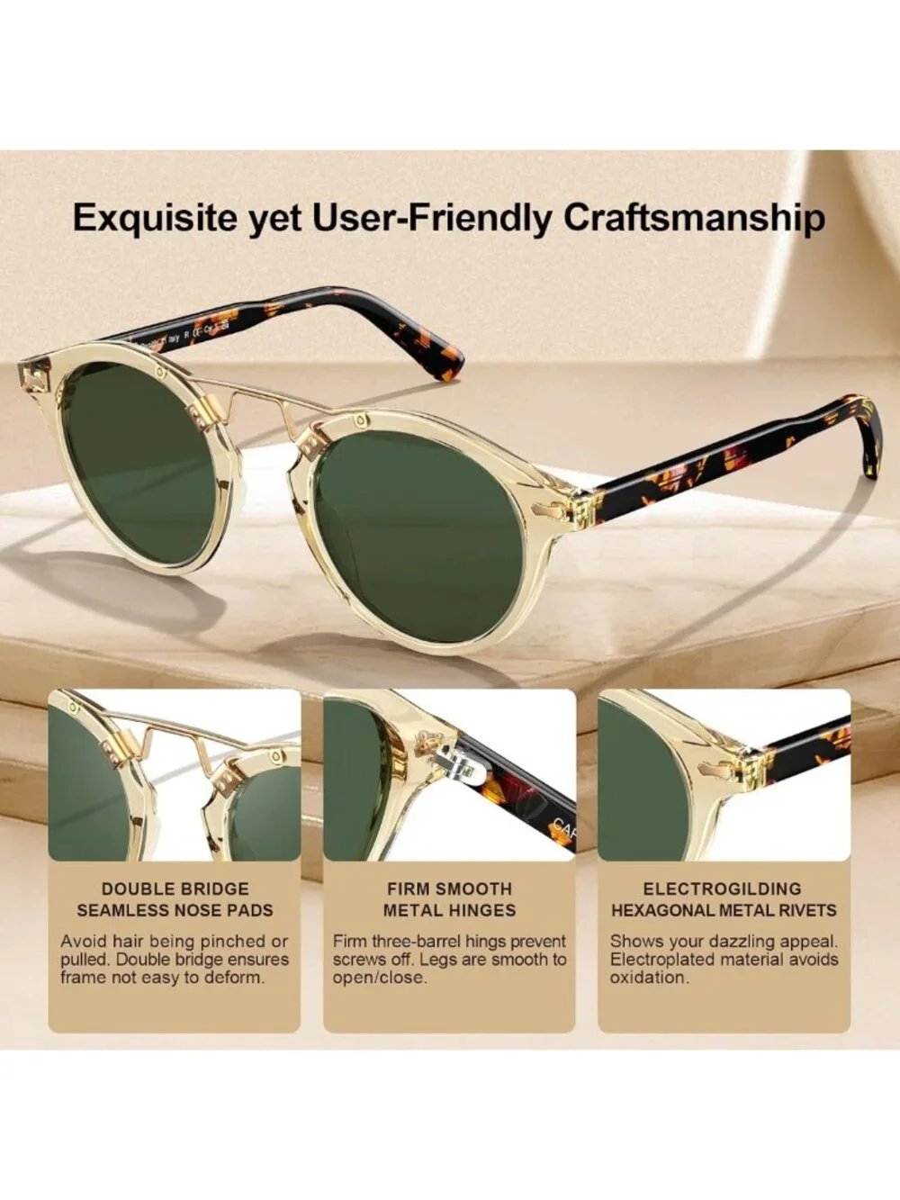Retro Double Bridge Polarized Women's Sunglasses - Small Acetate Round Frames